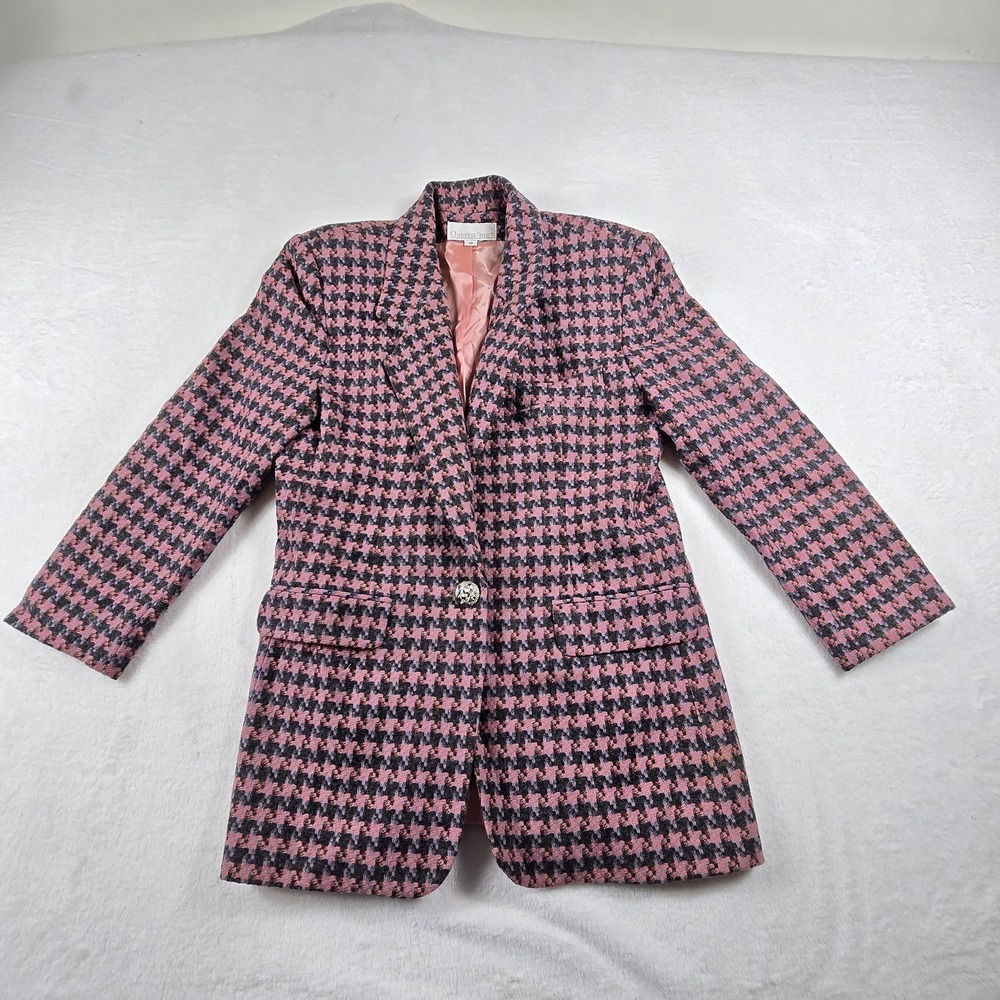 Christina Stuart Wool Blazer Vintage Women's Size 10 Pink Houndstooth One Button